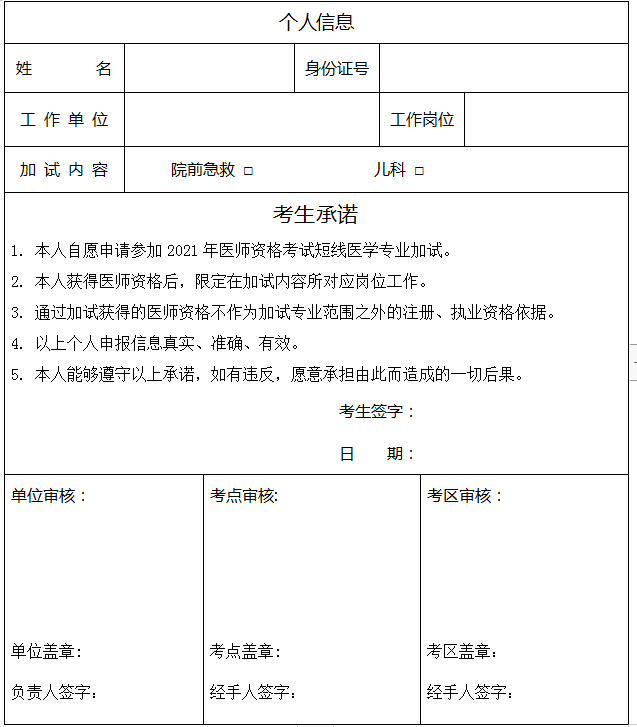 2021年醫(yī)師資格考試短線醫(yī)學專業(yè)加試申請表